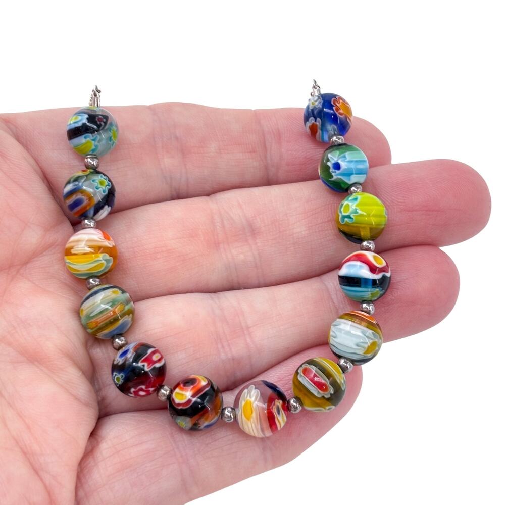 Vintage Sterling Silver 925 Multicolor Lampwork Art Glass Bead Necklace 18"